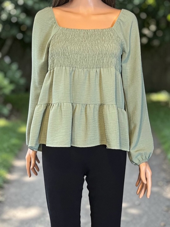 Paper Crane Tops - Paper Crane Sage Green Smocked Boho Babydoll Top Size L